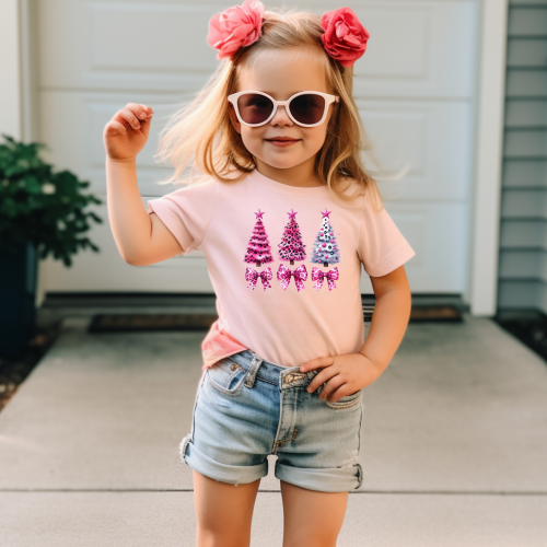 Christmas Kids Graphic Tee -Pink Tree's and Bow's