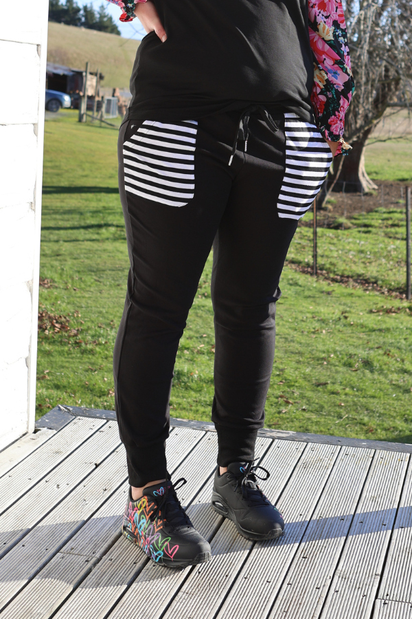 Paige Pants- Black/White Stripe Pockets